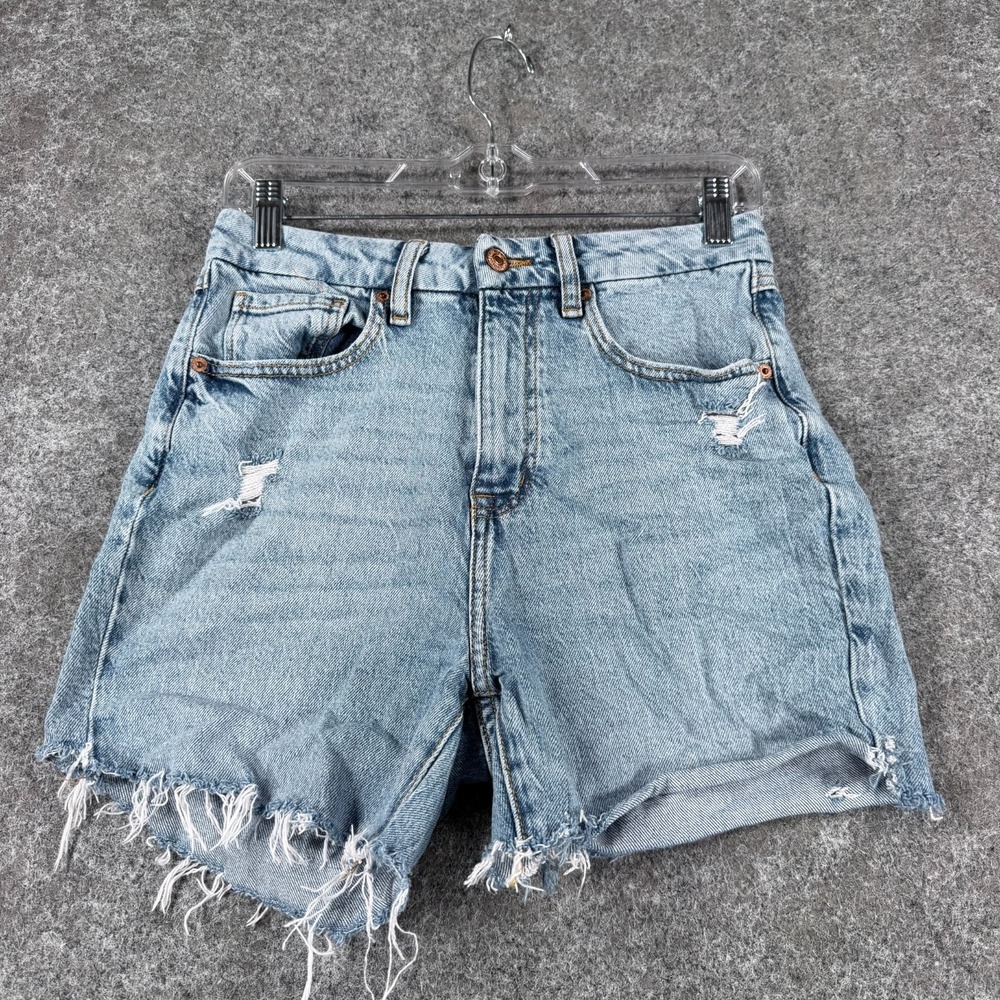 Forever 21 Curved Flare Shorts Womens 26 Blue Denim Cotton Distressed Frayed Hem
